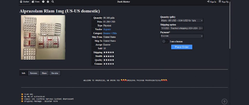 product listing on the dark matter market